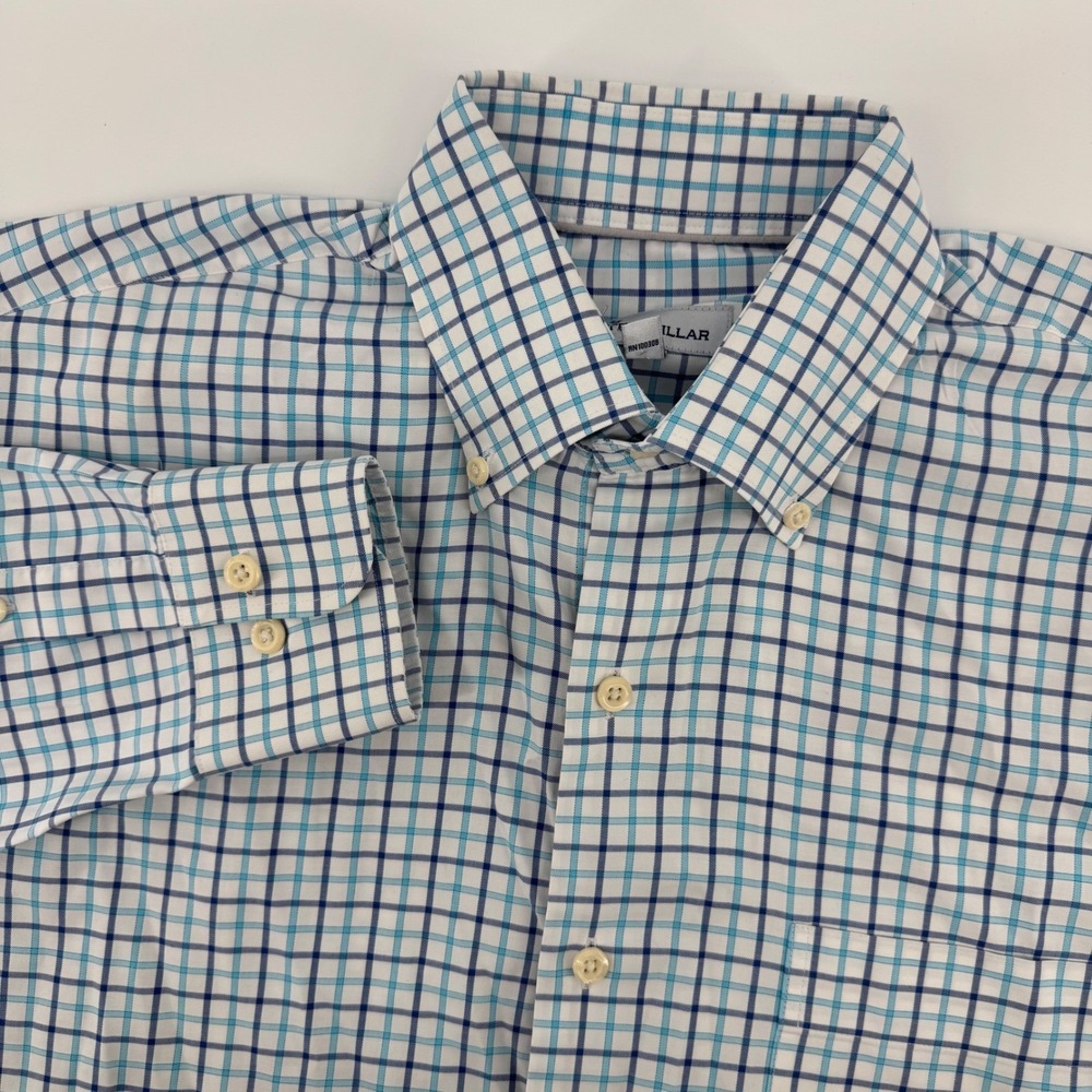 Peter Millar Button Down Mens Medium Blue White Check Stretch Long Sleeve Shirt